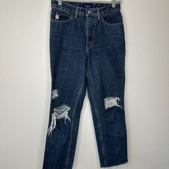 Guess Dark Blue Wash Distressed Slim Leg Raw Hem Denim Jeans 28 - Picture 16 of 16
